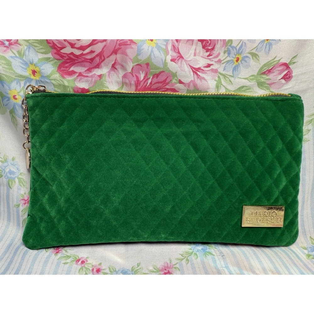 Mario Badescu Green Velvet Quilted Makeup Cosmetic Bag 5.5x10"